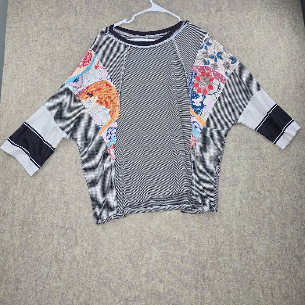 Striped Patchwork Kimono Sleeve Top With Mixed Prints Lightweight Loose Fit